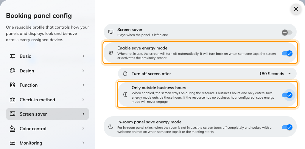 Save energy mode, restricted to the hours outside the room's business hour.