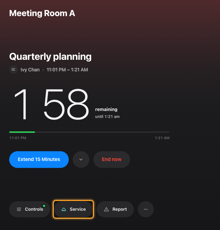 The in-room control skin's dock, with Service in the middle.