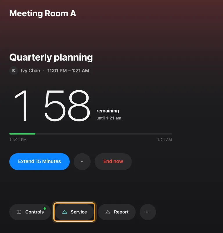The in-room control skin's dock, with Service in the middle.