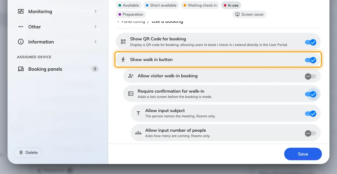 Show walk in button, with the toggles that appear underneath it.