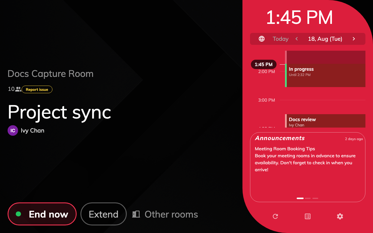 Red: the same booking, one check-in later — now with End now and Extend.
