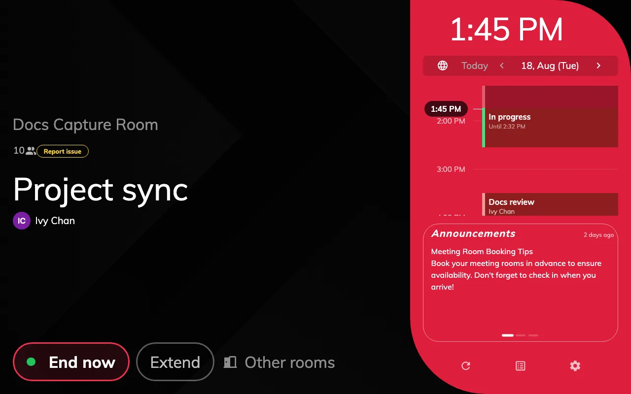 Red: the same booking, one check-in later — now with End now and Extend.