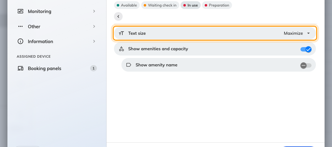 Room details, with Text size — Maximize, Large, Normal or Small — as its first row.