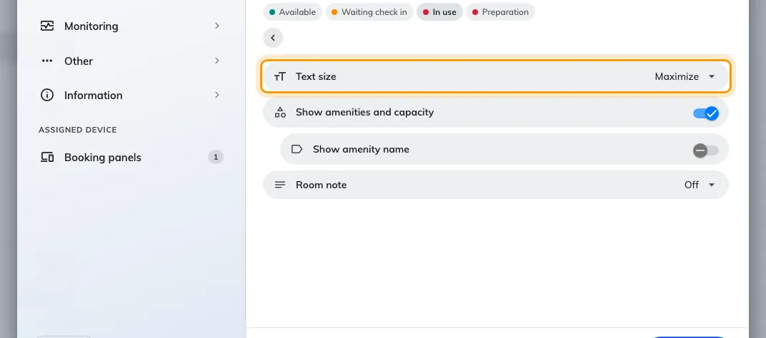 Room details, with Text size — Maximize, Large, Normal or Small — as its first row.