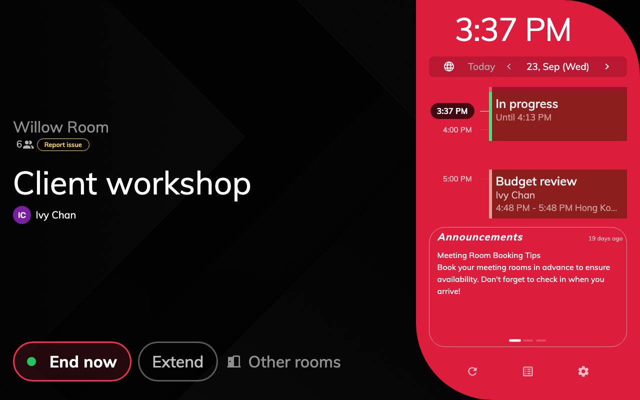 A panel with Timeline text size on Extra large. The schedule's bookings are half as large again; the hour labels are unchanged.