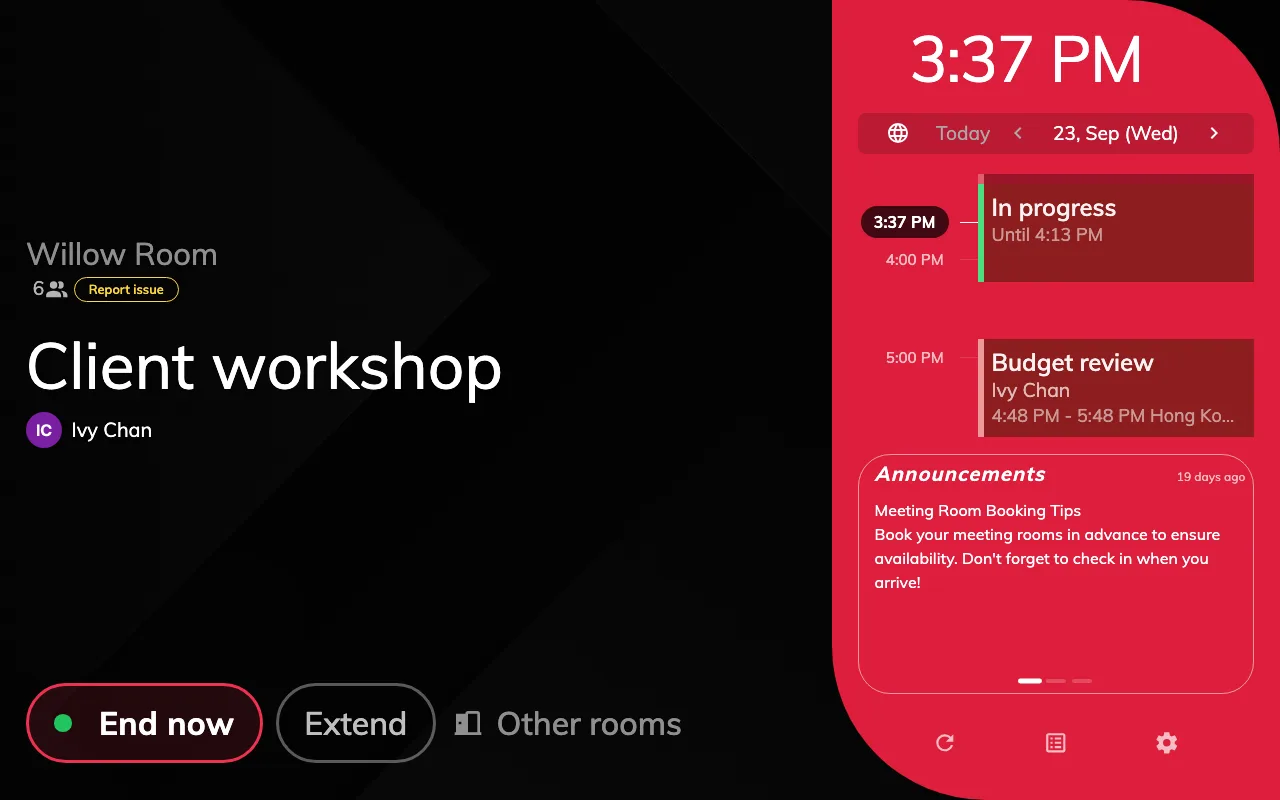A panel with Timeline text size on Extra large. The schedule's bookings are half as large again; the hour labels are unchanged.