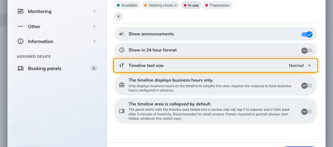 Timeline & clock, with Timeline text size — Normal, Large or Extra large.
