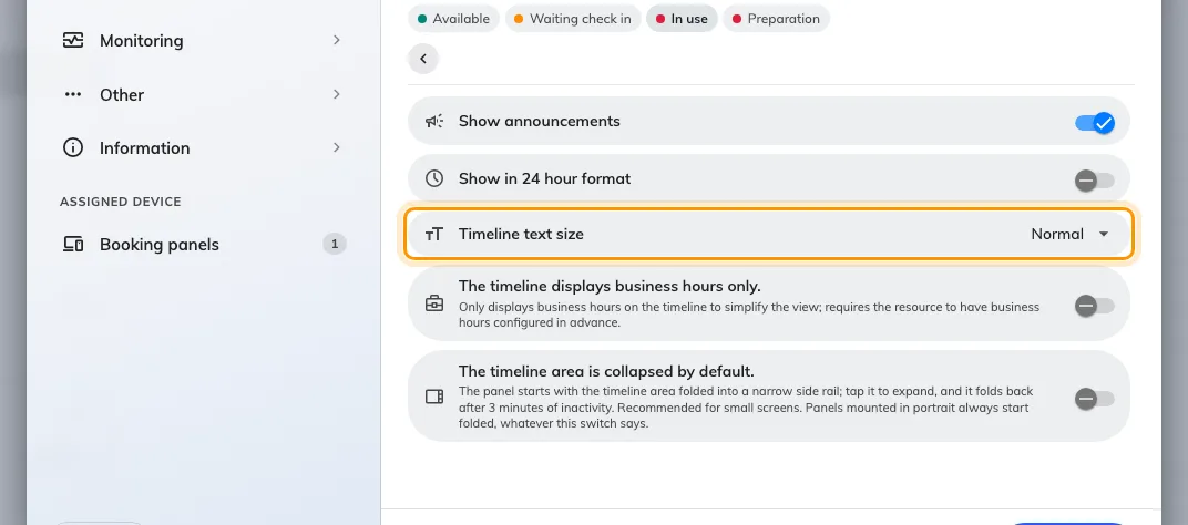 Timeline & clock, with Timeline text size — Normal, Large or Extra large.