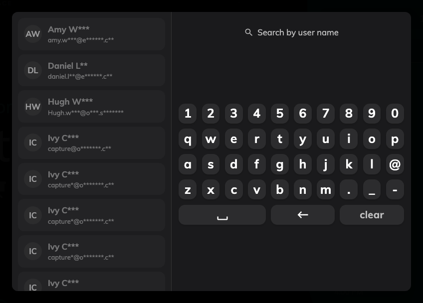 Name first, passcode second — shown here with Mask part of user name from search list on.