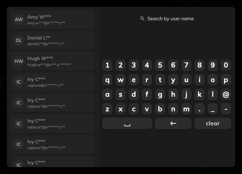 Name first, passcode second — shown here with Mask part of user name from search list on.