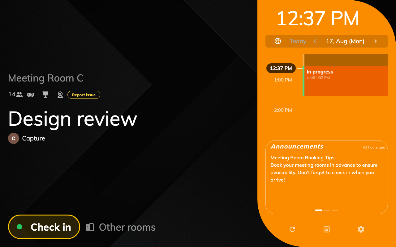 The panel while a booking is waiting: the check-in button, and the only countdown the product shows.