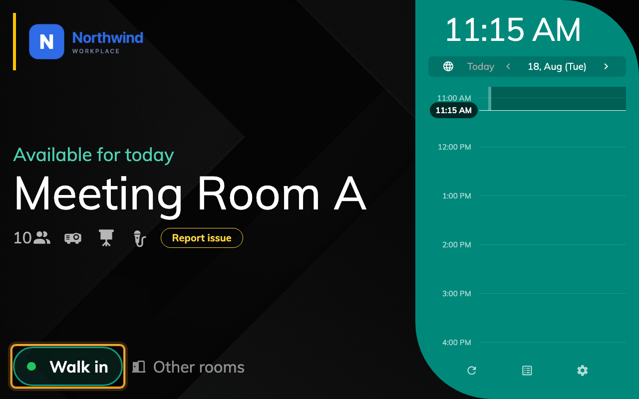 Walk in, on a free room. A room in use offers End now and Extend instead.