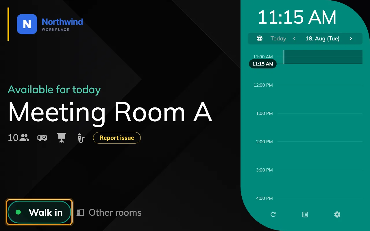 Walk in, on a free room. A room in use offers End now and Extend instead.