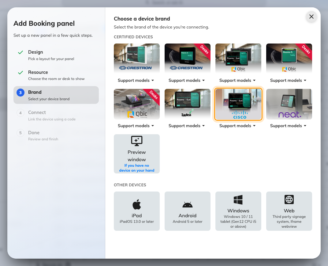 The certified devices in the connect wizard, with the Cisco tile.