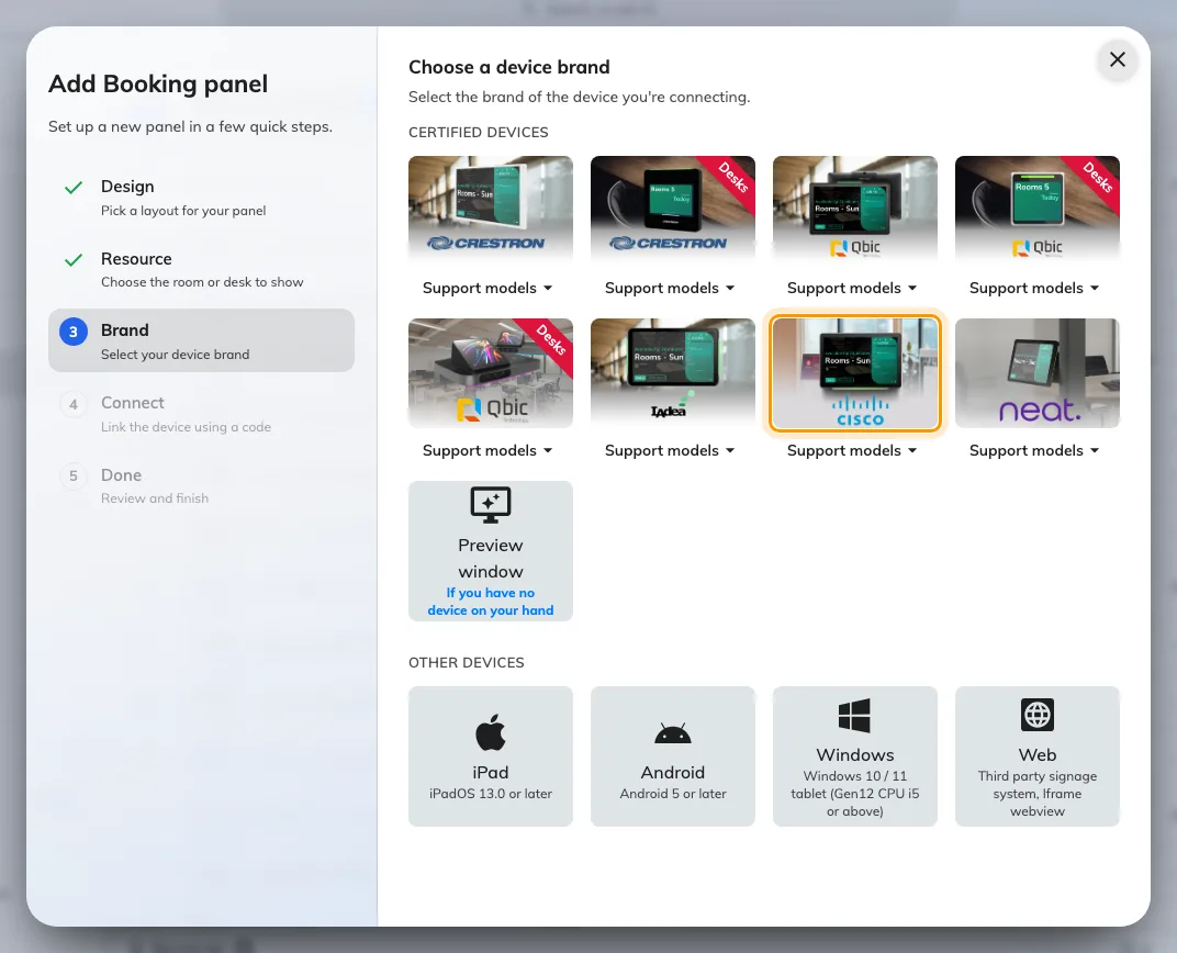 The certified devices in the connect wizard, with the Cisco tile.