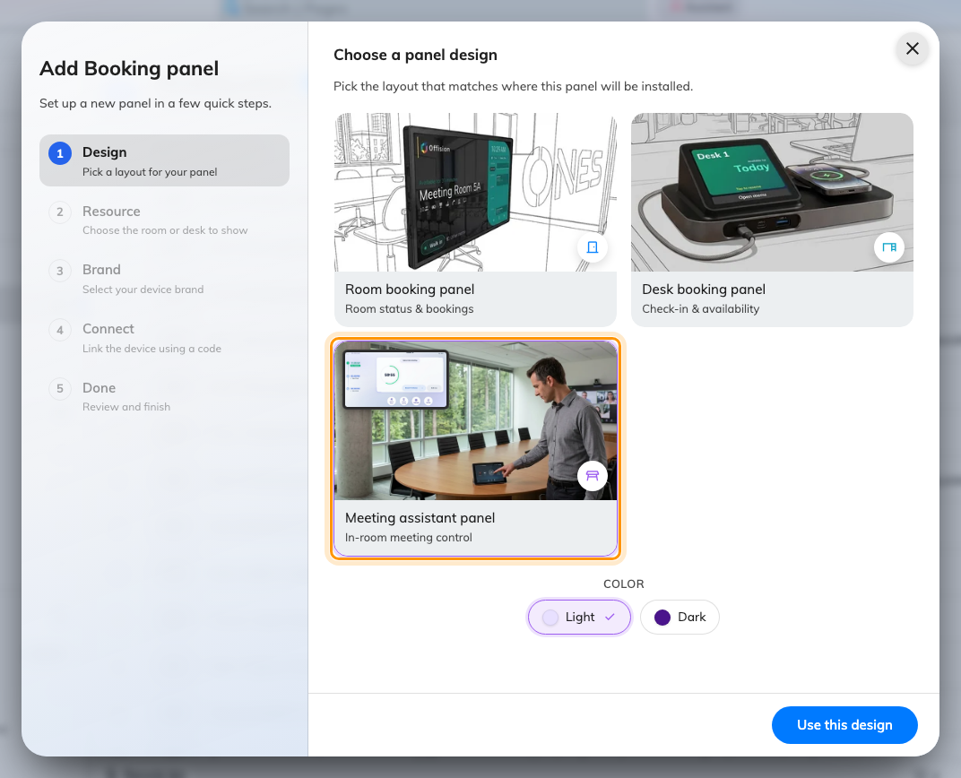 The wizard's kind step, with Meeting assistant panel picked.