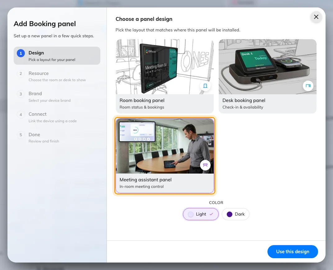 The wizard's kind step, with Meeting assistant panel picked.