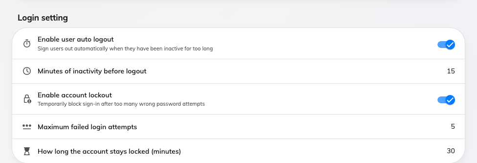 Auto logout and account lockout. Each one's numbers appear once its switch is on.