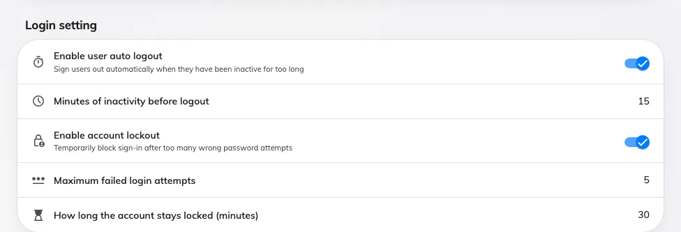 Auto logout and account lockout. Each one's numbers appear once its switch is on.