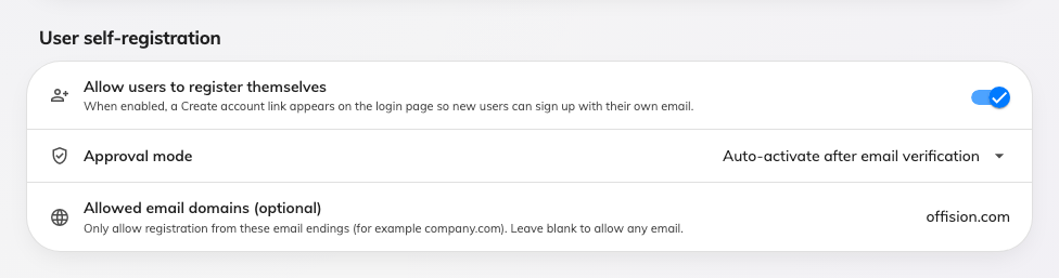 Self-registration, with the domains allowed to use it.