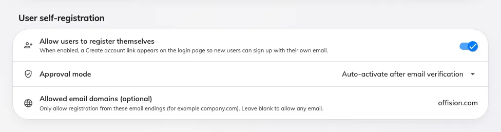 Self-registration, with the domains allowed to use it.