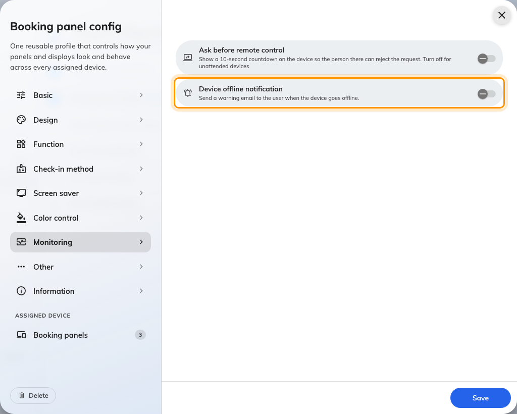 The Monitoring page, with the offline notification switch off.