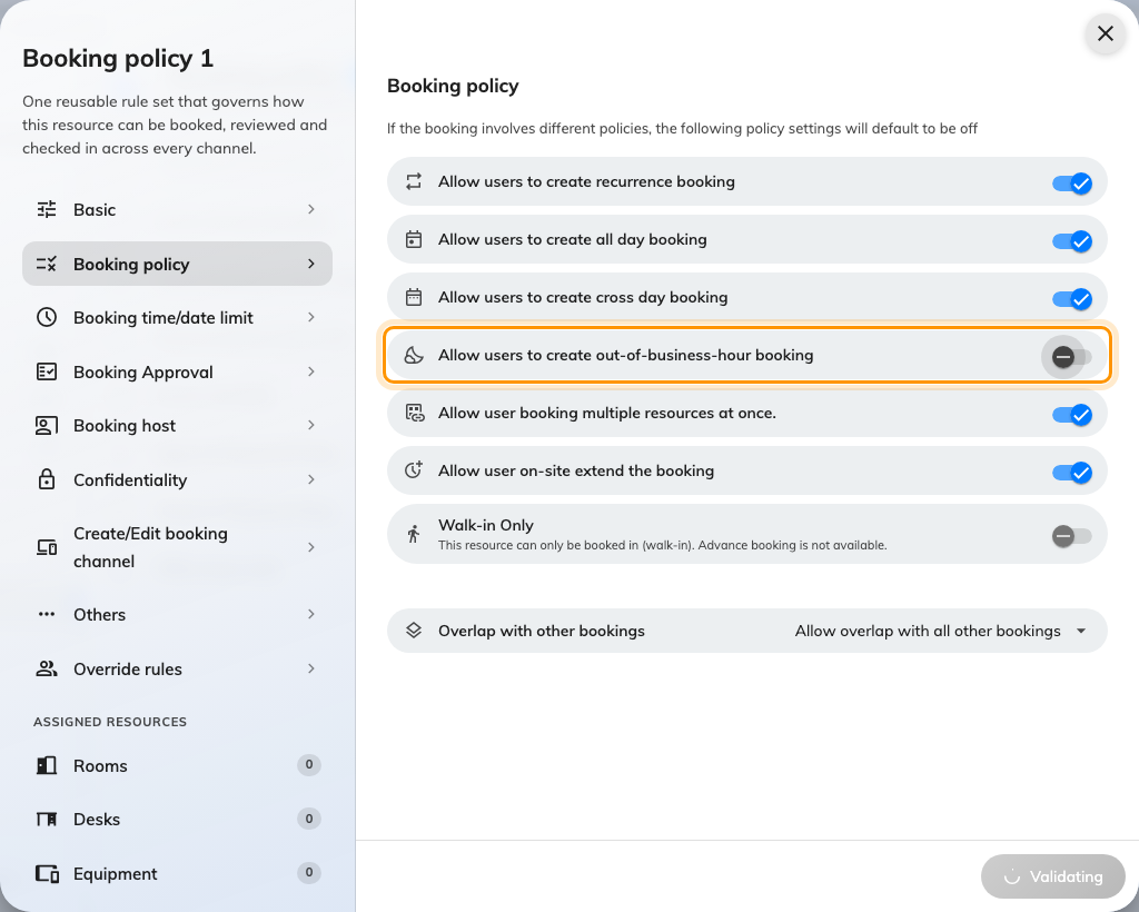 The Booking policy page, with out-of-hours booking turned off.