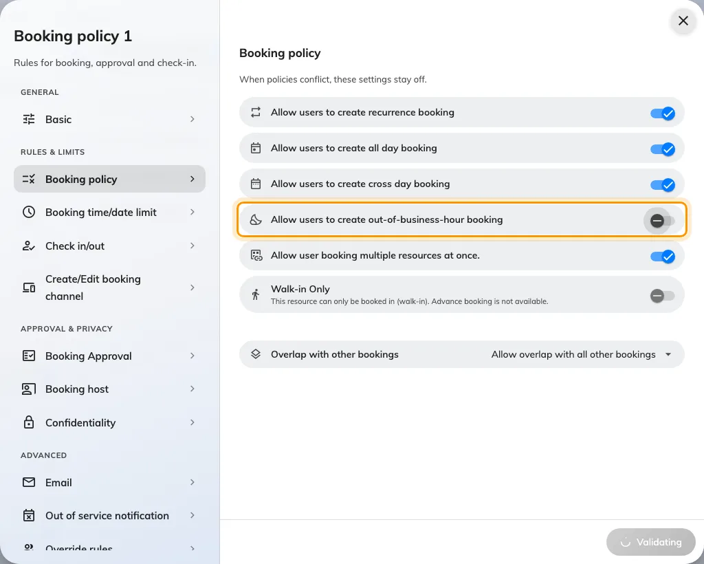 The Booking policy page, with out-of-hours booking turned off.