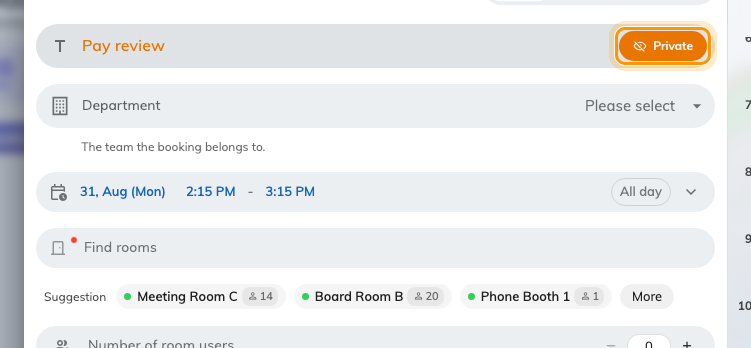 Private, on. The control sits beside the title and applies to this booking only.