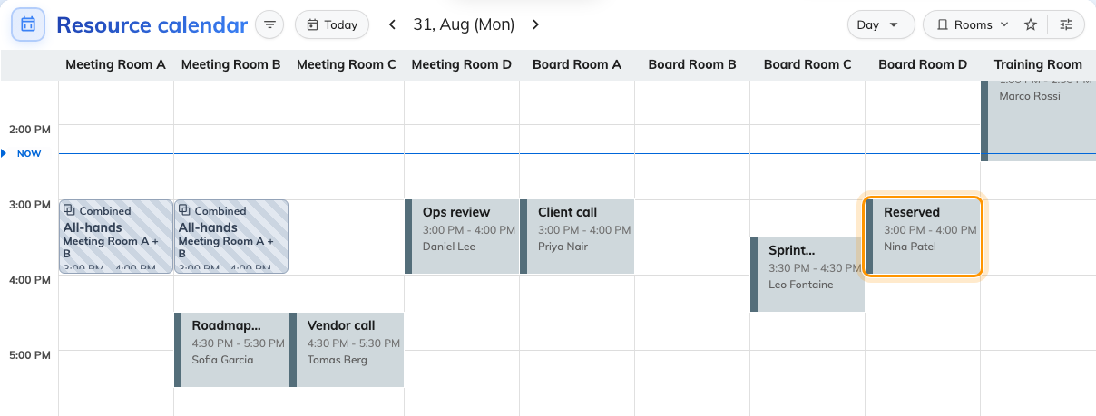 Reserved, where the booking is private — with its hour, its room and the person who made it still on it.