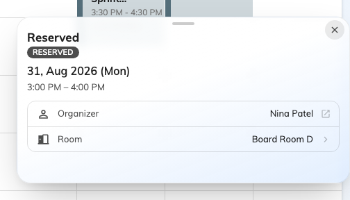 The same booking, opened: the hour, the room and who booked it, and nothing about what it is.
