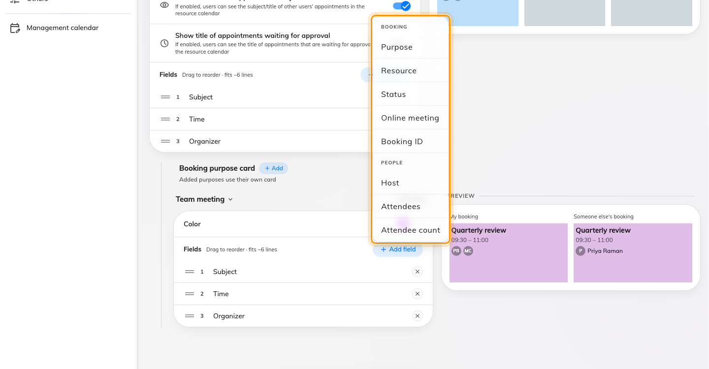 Add field offers only what the card has not got. Fields already on it are absent from the menu.
