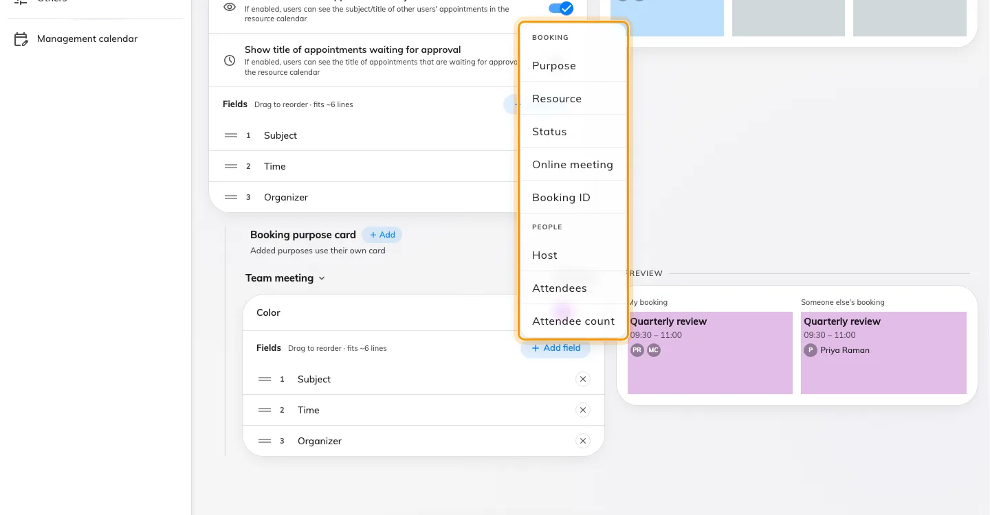 Add field offers only what the card has not got. Fields already on it are absent from the menu.