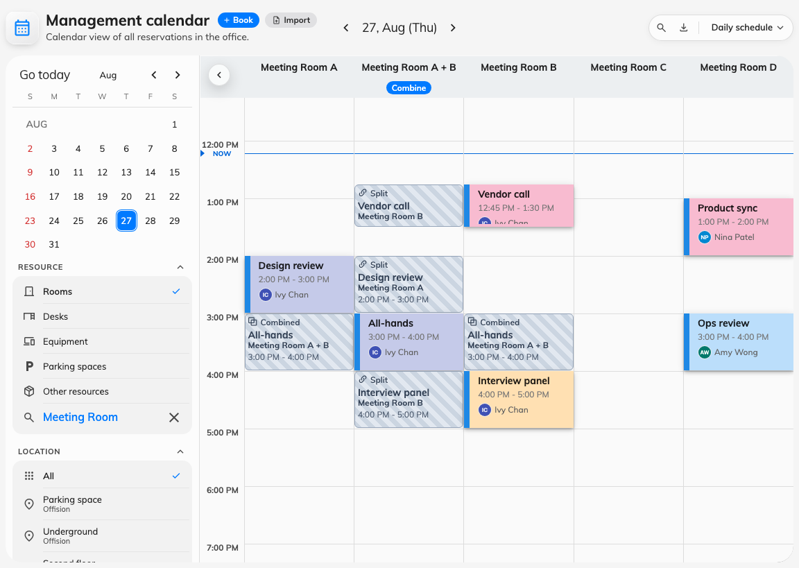 The console's calendar, colour-coded. The left edge still carries the booking's state.
