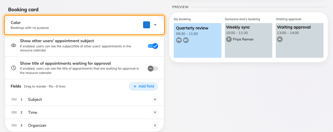 Booking card, with Color — what a booking with no purpose is drawn in.