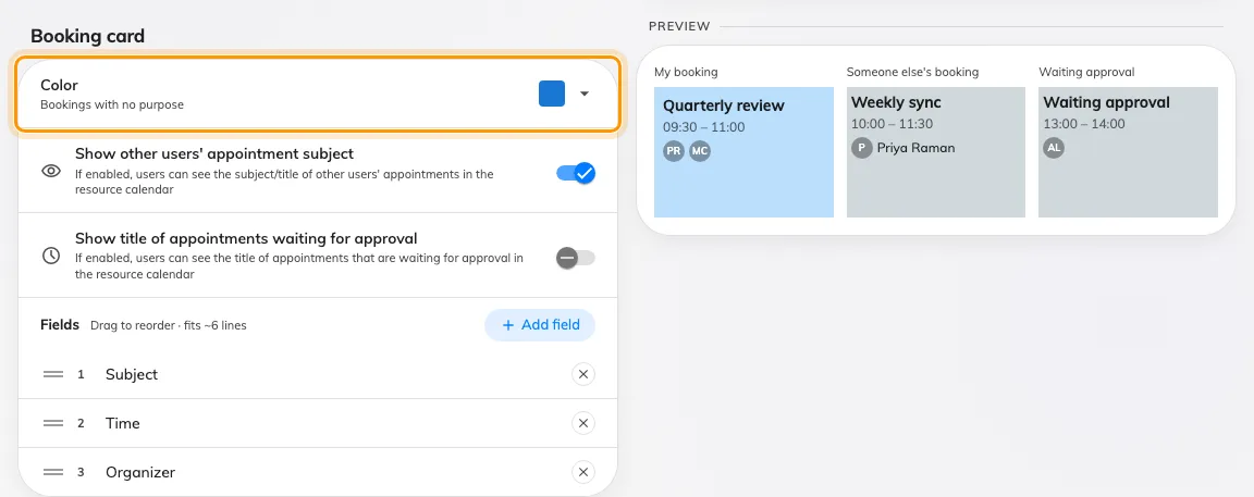Booking card, with Color — what a booking with no purpose is drawn in.