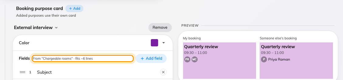 A purpose that swaps the booking form says so, and offers that form's fields only.