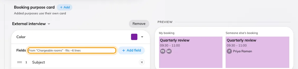 A purpose that swaps the booking form says so, and offers that form's fields only.