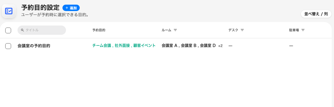 予約目的の一覧。ここのどの行にも専用のカードを持たせられます。