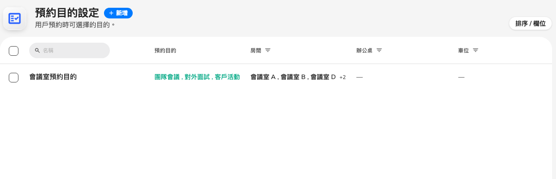 預約目的清單。這裡每一列都可以擁有自己的卡片。