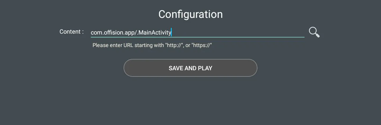 The Content field pointed at the installed app rather than a web address. The magnifier is the app picker.