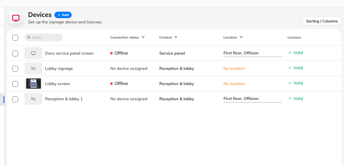 The signage device list. Connection status is where a paired screen reports in.