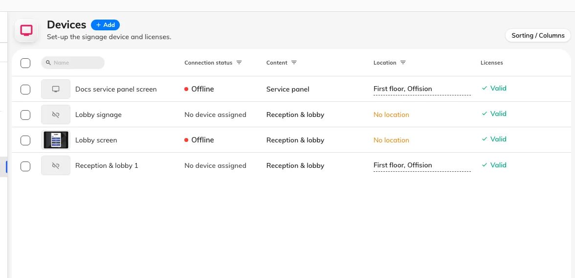 The signage device list. Connection status is where a paired screen reports in.