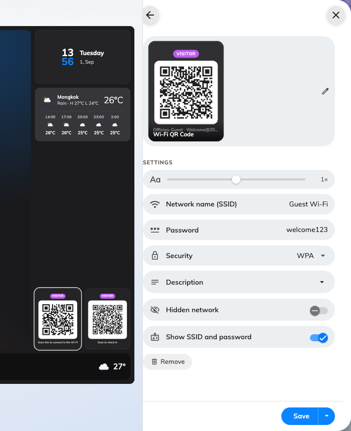 The Wi-Fi code's settings: the network the code joins, and what the tile says under it.