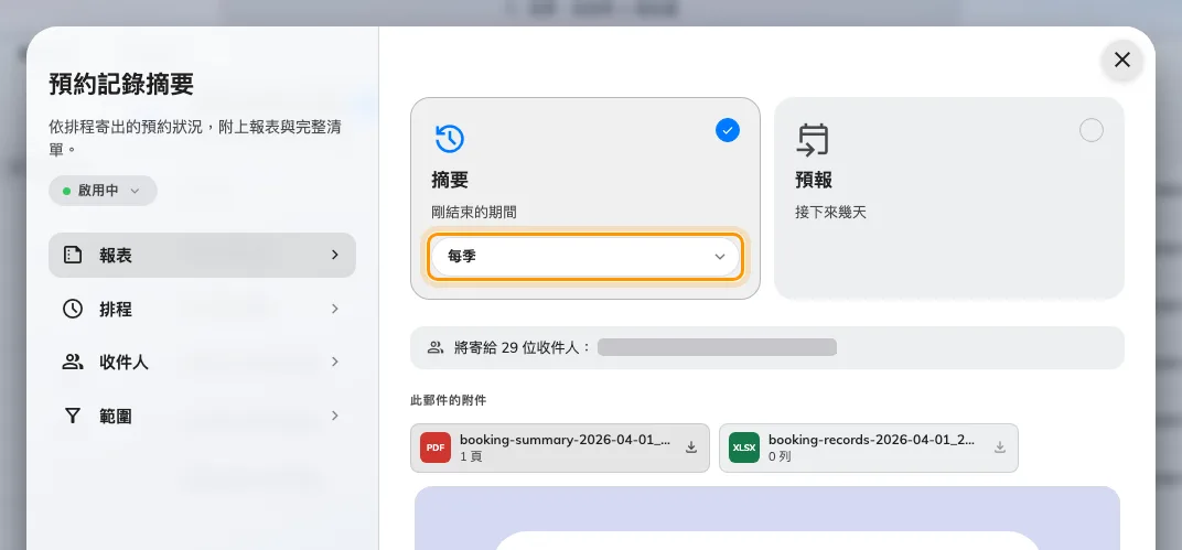 在摘要卡片上選擇每季。預報不提供這個選項。