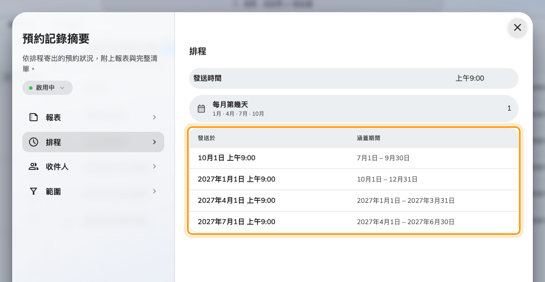 4 次每季發送,每一次都標明它涵蓋的曆季。