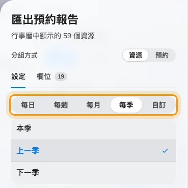 預約導出選了每季粒度,下面是本季、上一季和下一季。
