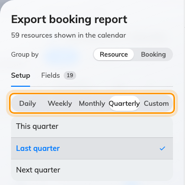 The booking export on the Quarterly grain, with This, Last and Next quarter under it.