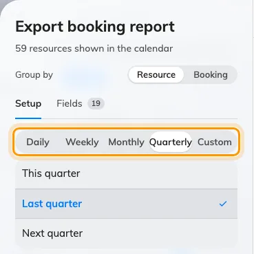 The booking export on the Quarterly grain, with This, Last and Next quarter under it.