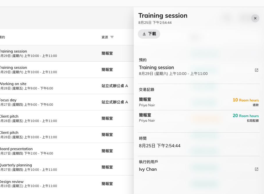 一個被修改過的預約：原本的費用退回，新的費用扣取，淨額則顯示在後面的清單上。